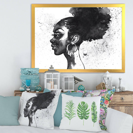 Designart Monochrome Portrait of African American Woman I Modern Framed Art Print - 32 in. Wide x 16 in. High - Gold KTS1_Q3SVE02