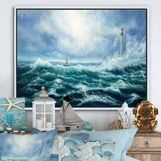 Designart &Lighthouse in Middle of Blue Wild Ocean Waves& Nautical Coastal Framed Canvas Wall Art Print - 44 in. Wide x 34 GJR3_B9IVI96