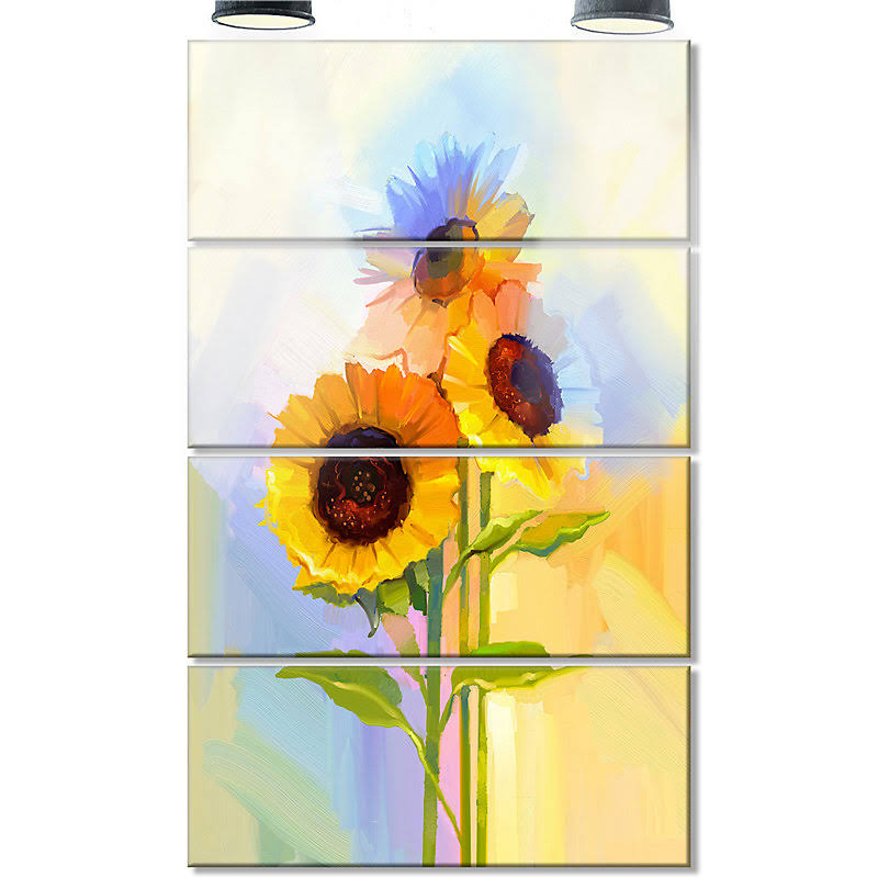 Design Art Yellow Sunflowers with Green Leaves 4 Piece Painting Print on Metal Set PQX4_X3WLQ71