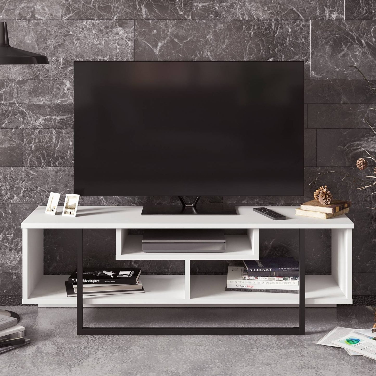 Decorotika Asal 47&& Wide TV Stand Media Console with Open Shelves for TVs Up to 55x22 White Black LSV0_D3ZJL52