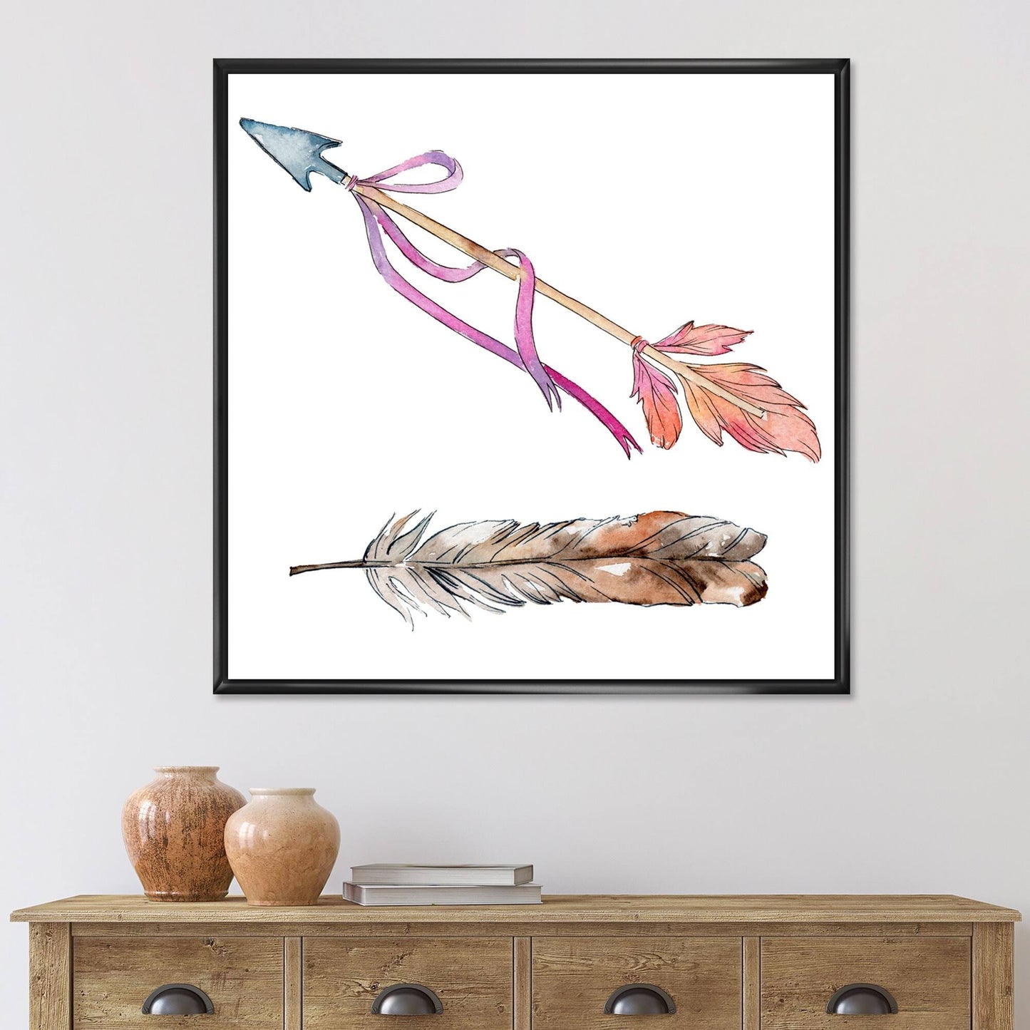 Designart &Pink Bird Feather from Wing& Bohemian Eclectic Framed Canvas Wall Art Print - 30 in. Wide x 30 in. High - White IVV2_W1OEA11