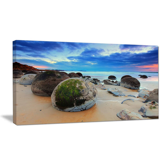 Design Art Cloudy Sunrise Over Moeraki Boulders - Seashore Photo Canvas Print, 60 in. Wide x 28 in. High - 5 Equal Panels KHZ9_M8XUJ25