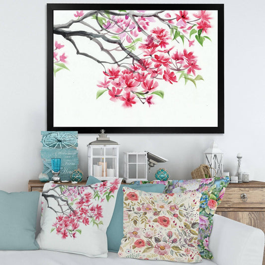 Designart Red Blossoming Tree Traditional Framed Art Print - 32 in. Wide x 24 in. High - Black AJI7_P7HYB03