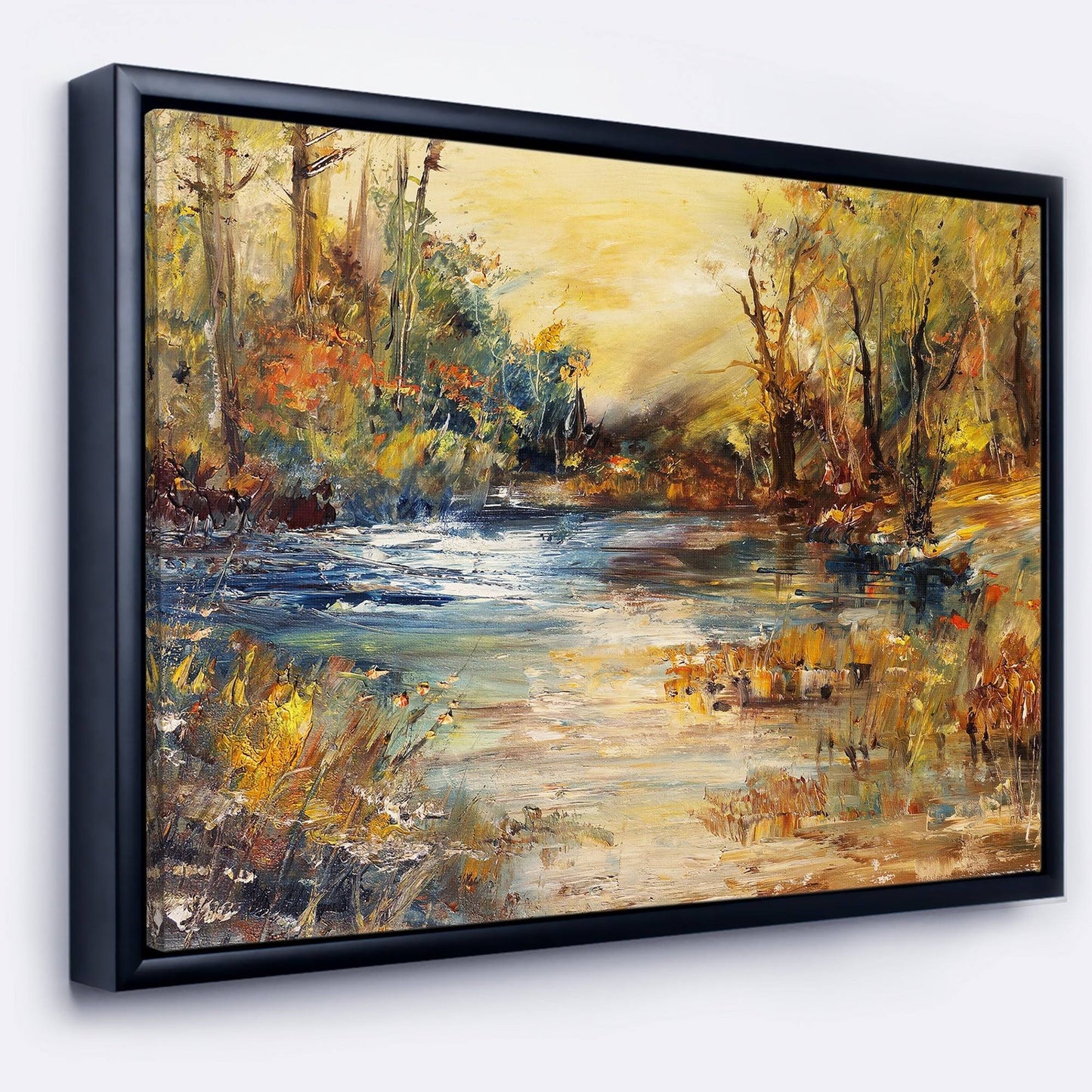 Designart &Stream in Forest & Landscape Framed Canvas Print - 20 in. Wide x 12 in. High - Black UKW9_O0UQK84