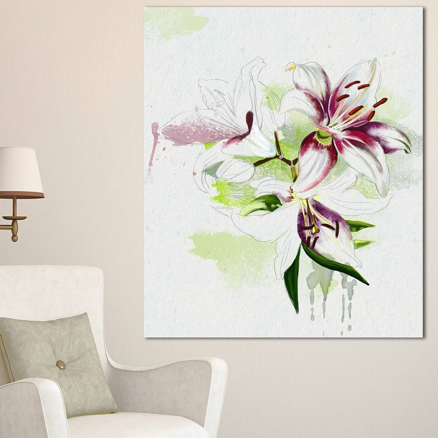 Design Art Colorful Flowers with Color Splashes Painting Print on Wrapped Canvas, Green VFZ0_Q8EPJ67