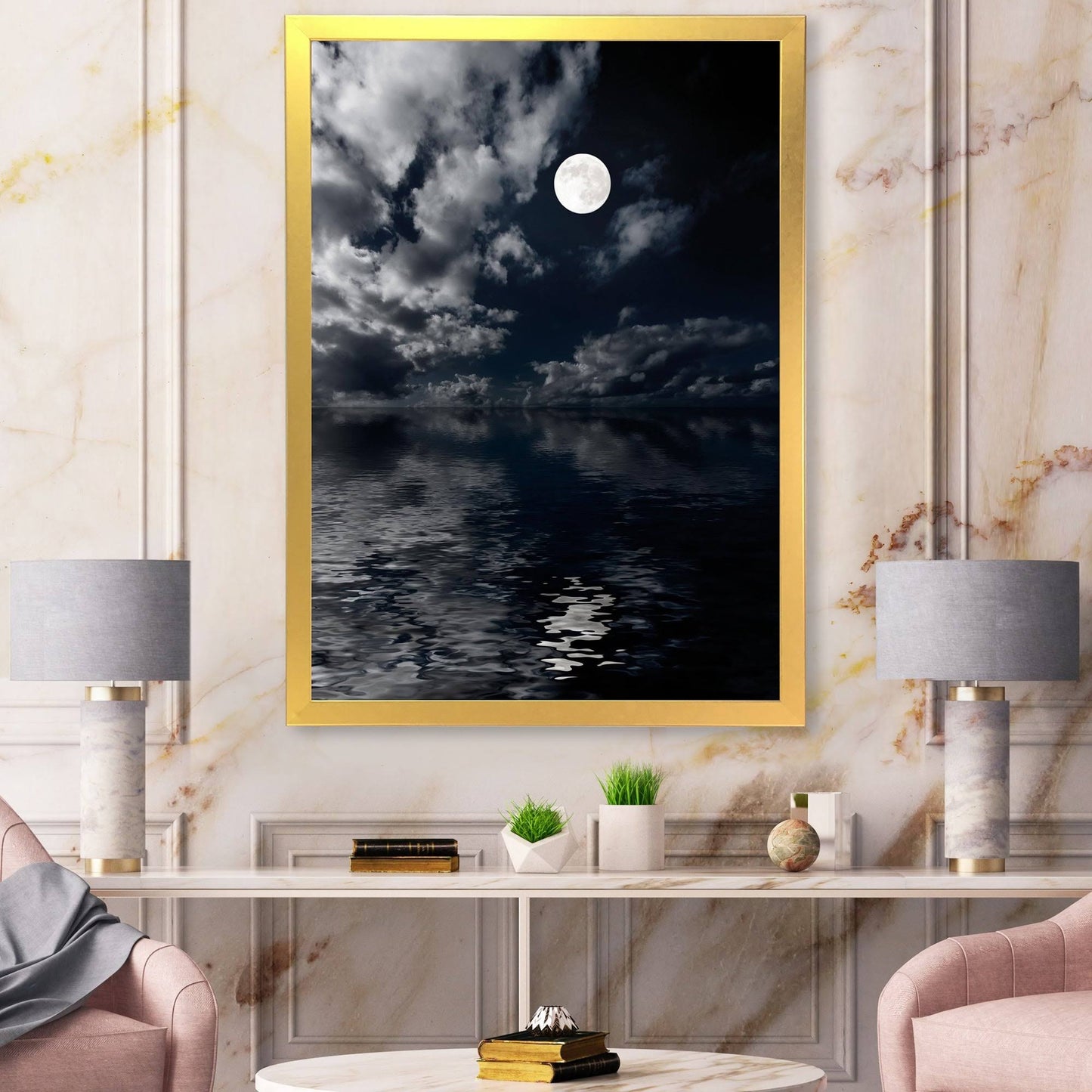 Designart &Full Moon in Cloudy Night Sky IV& Nautical Coastal Framed Art Print - 30 in. Wide x 40 in. High - Gold WDM2_J0FPZ69