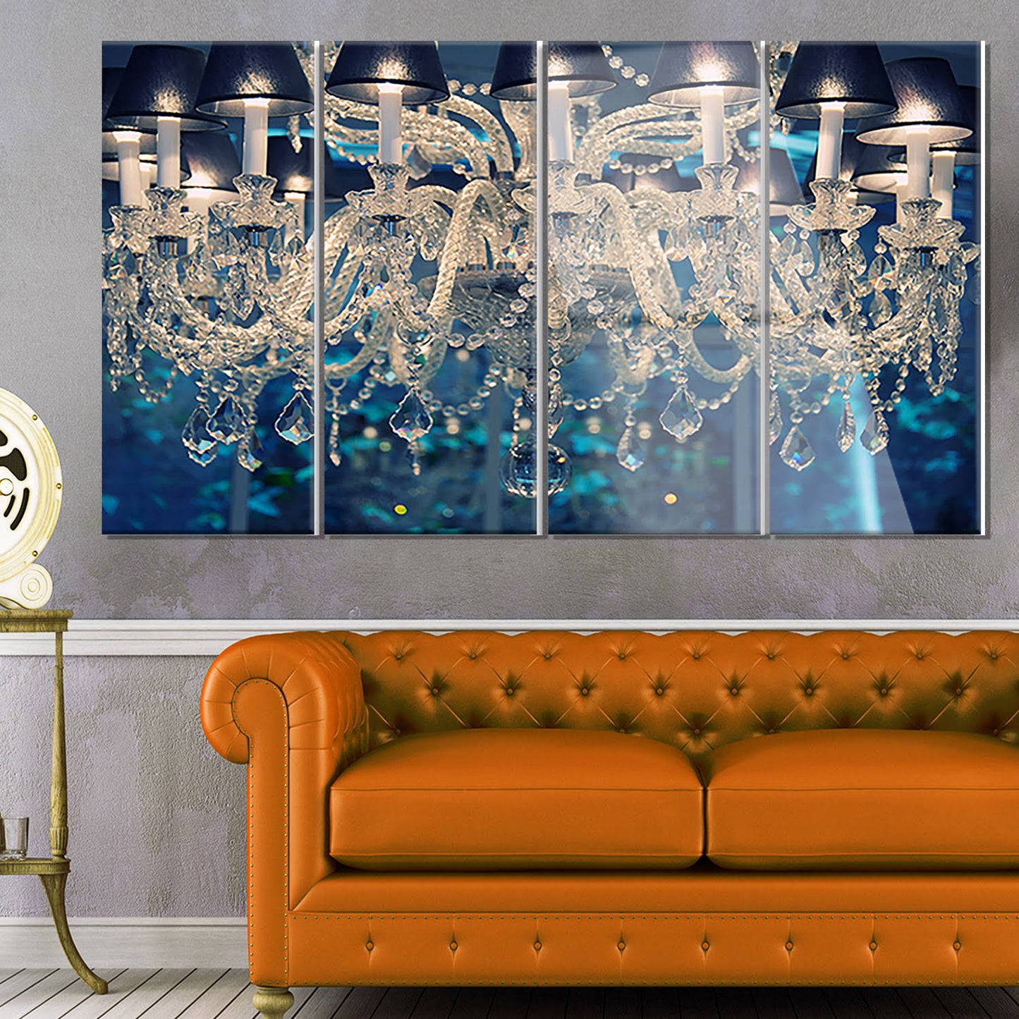 Designart Blue Vintage Crystal Chandelier 4 Piece Photographic Print on Canvas Set XKZ9_O2SXI89