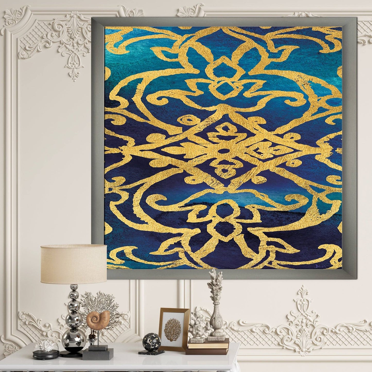 Designart Metallic Glam Indigo Form II Transitional Framed Art Print - 34 in. Wide x 44 in. High - Silver IPN1_W7VRT94