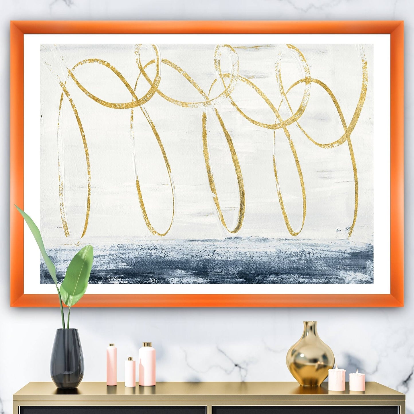 Designart Gold Abstract Geometric Shape Modern Transitional Framed Art Print - 20 in. Wide x 12 in. High - Orange RNT8_C9VAA56