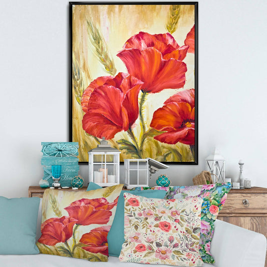 Designart Blossoming Poppies in Wheat Fields II Traditional Framed Canvas Wall Art Print - 30 in. Wide x 40 in. High - Black SOI5_R3VPC79