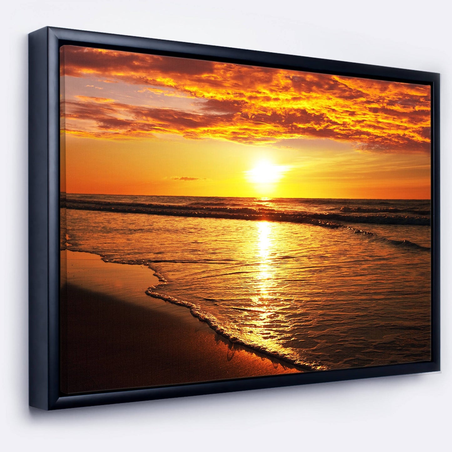 Designart Bright Yellow Sunset Over Waves Modern Beach Framed Canvas Art Print - 40 in. Wide x 30 in. High AGE8_X6JLH71