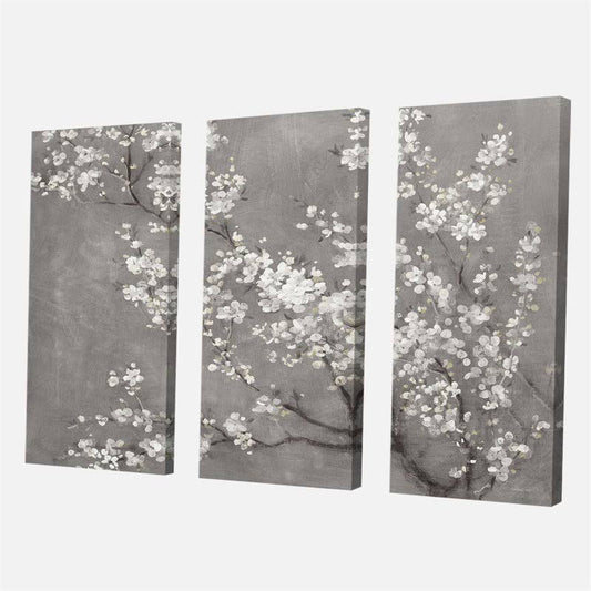 Designart 60x22 x 40x22 White Cherry Blossom II Fabric Canvas Wall Art in Black - PT30561-3PXXL QKX2_D9KBZ79