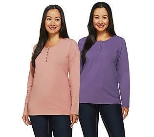 Denim Co. Set of 2 Long Sleeve Stretch Henleys, Size Small, Antique Purple GIA5_P1BDW85