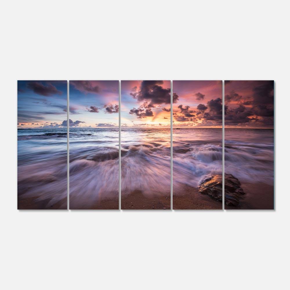 Design Art Beautiful Sea Waves at Sunset 5 Piece Photographic Print on Wrapped Canvas Set, Purple IPT8_S0ULL12