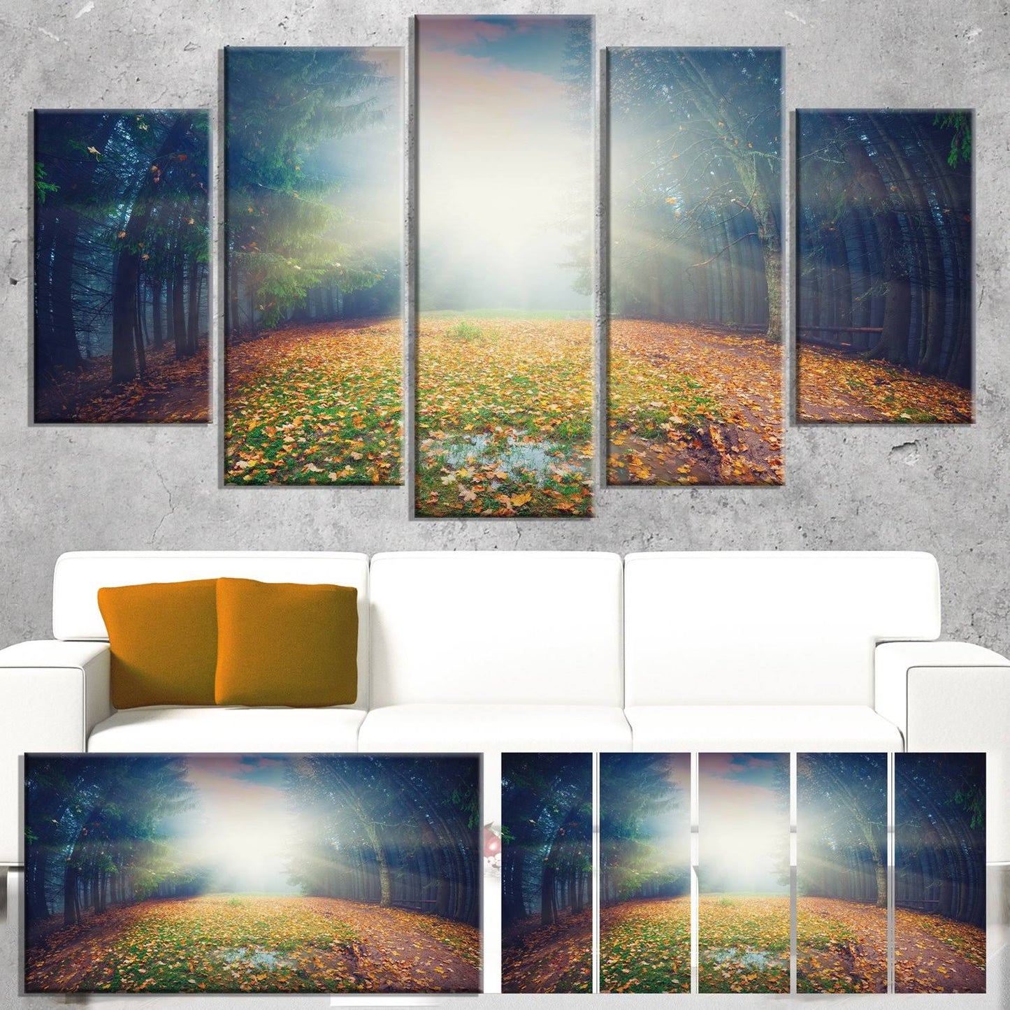 Design Art Rising Sun Over Arched Forest - Landscape Photography Canvas Print, 60 in. Wide x 28 in. High - 5 Equal Panels WYI5_T1EEV75