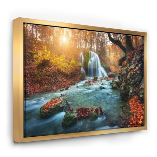 Designart Fast Flowing Fall River in Forest Landscape Photography Framed Canvas Print - 44 in. Wide x 34 in. High - Gold NOW1_V1PWX51