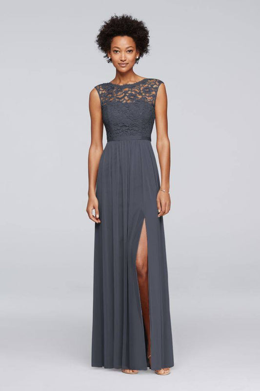 David&s Bridal Long Bridesmaid Dress with Lace Bodice - Pewter, 16 JQA6_L5YDM90