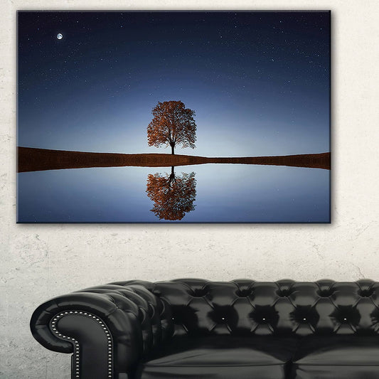 Design Art Tree Near Lake at Night - Landscape Photography Canvas Print - Blue, 36 in. Wide x 28 in. High - 3 Panels XVP2_R8QCR58