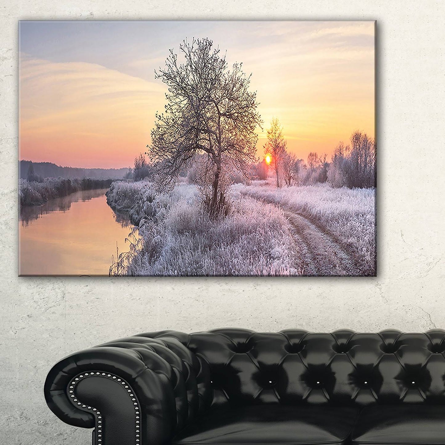 Design Art Winter Sunrise Over Frosty Field - Landscape Print Wall Artwork - White, 60 in. Wide x 28 in. High SFR2_W8TTM78