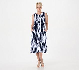 Denim Co. Beach Petite Linen Blend Knit Mididress w/ Pckts, Size Petite 4X, Navy Shibori IDD7_S9WFC13