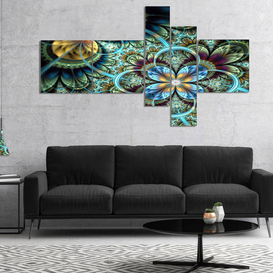 Designart &Fractal Dark Orange Blue Flowers& Floral Art Canvas Print - 60 in. Wide x 32 in. High - 5 Panels PIO7_W1HJV66