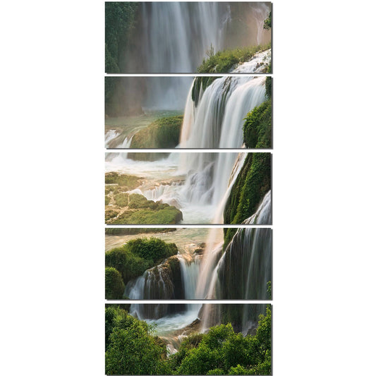 Design Art Detian Waterfall - Landscape Photography Canvas Art Print - Green, 28 in. Wide x 60 in. High - 5 Equal Panels AYZ0_Q8AUU09