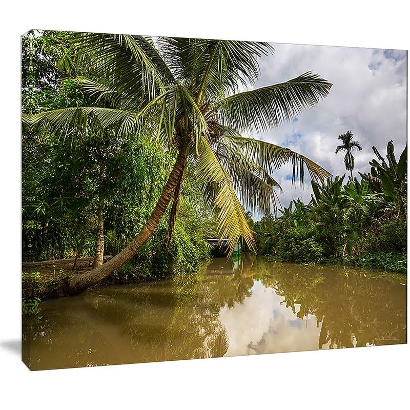 Design Art Tropical River with Bent Coconut Palm Photographic Print on Wrapped Canvas, Size: 30 inch x 40 inch, Green SGC1_C7FZE91