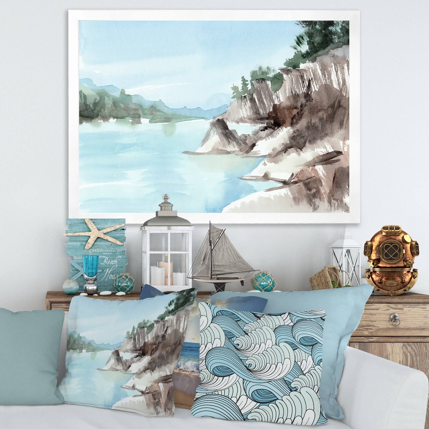 Designart Rocks by The Blue Lake Lake House Framed Art Print - 32 in. Wide x 16 in. High - White QJV0_C6XVT62