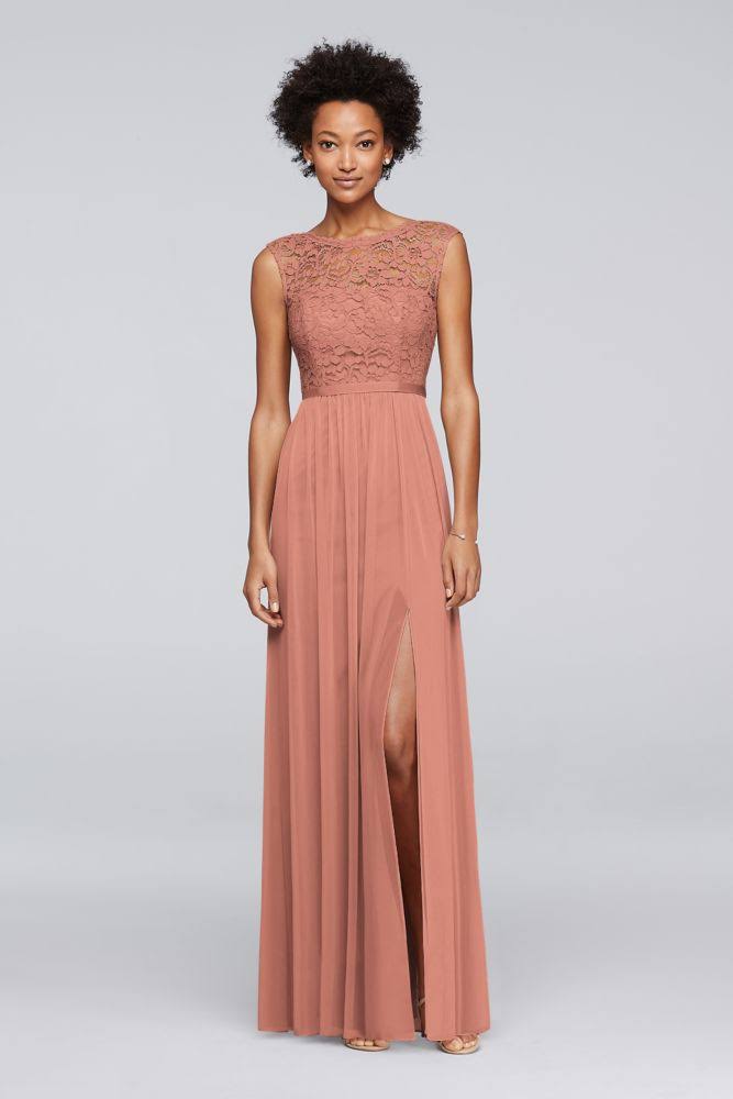 David&s Bridal Long Bridesmaid Dress with Lace Bodice - Desert Coral, 0 DGR7_R6BLS31