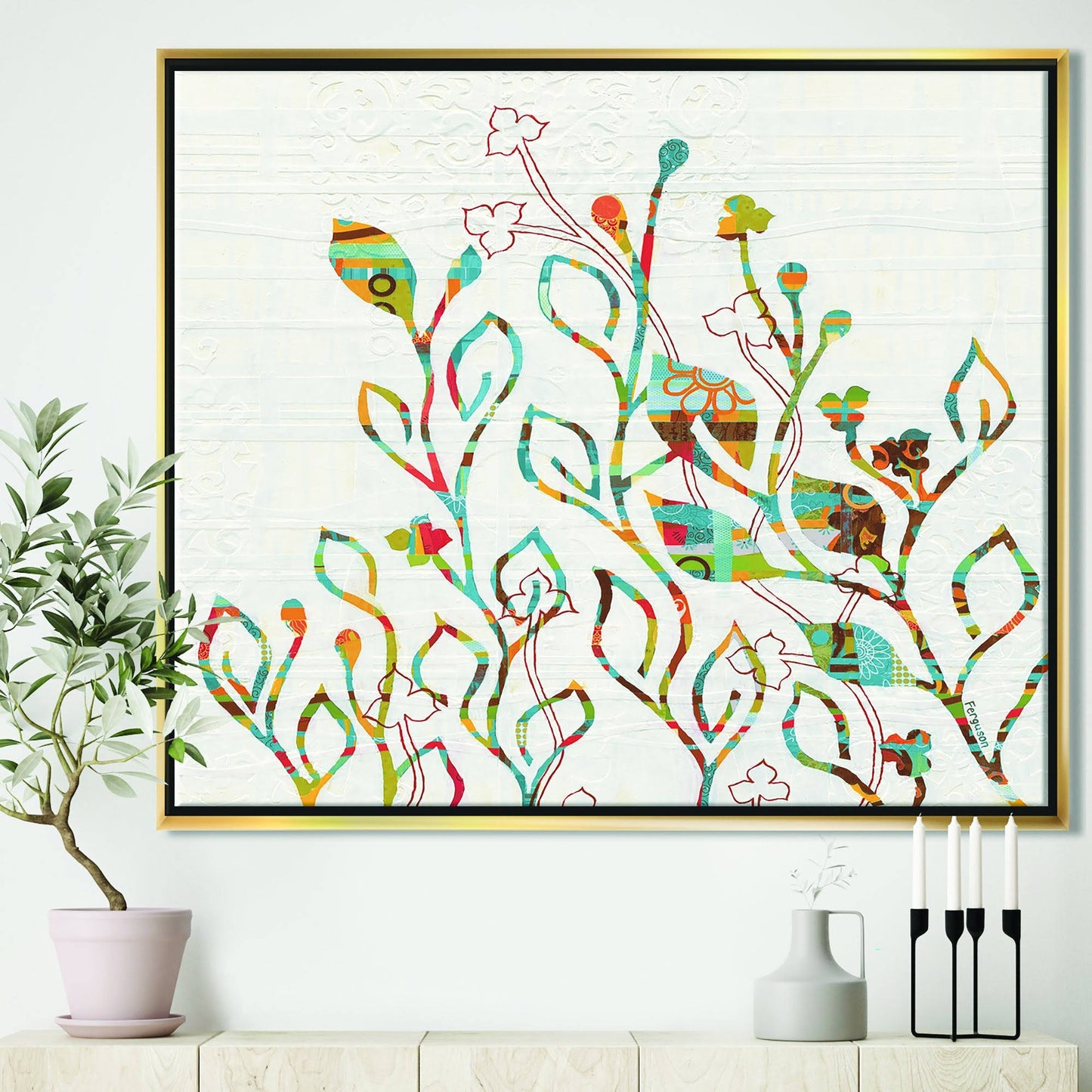 Designart &Rainbow Coloured Vines and Flowers& Cabin Lodge Framed Canvas - Blue - 44 in. Wide x 34 in. High - Gold QLK3_I4LTA51