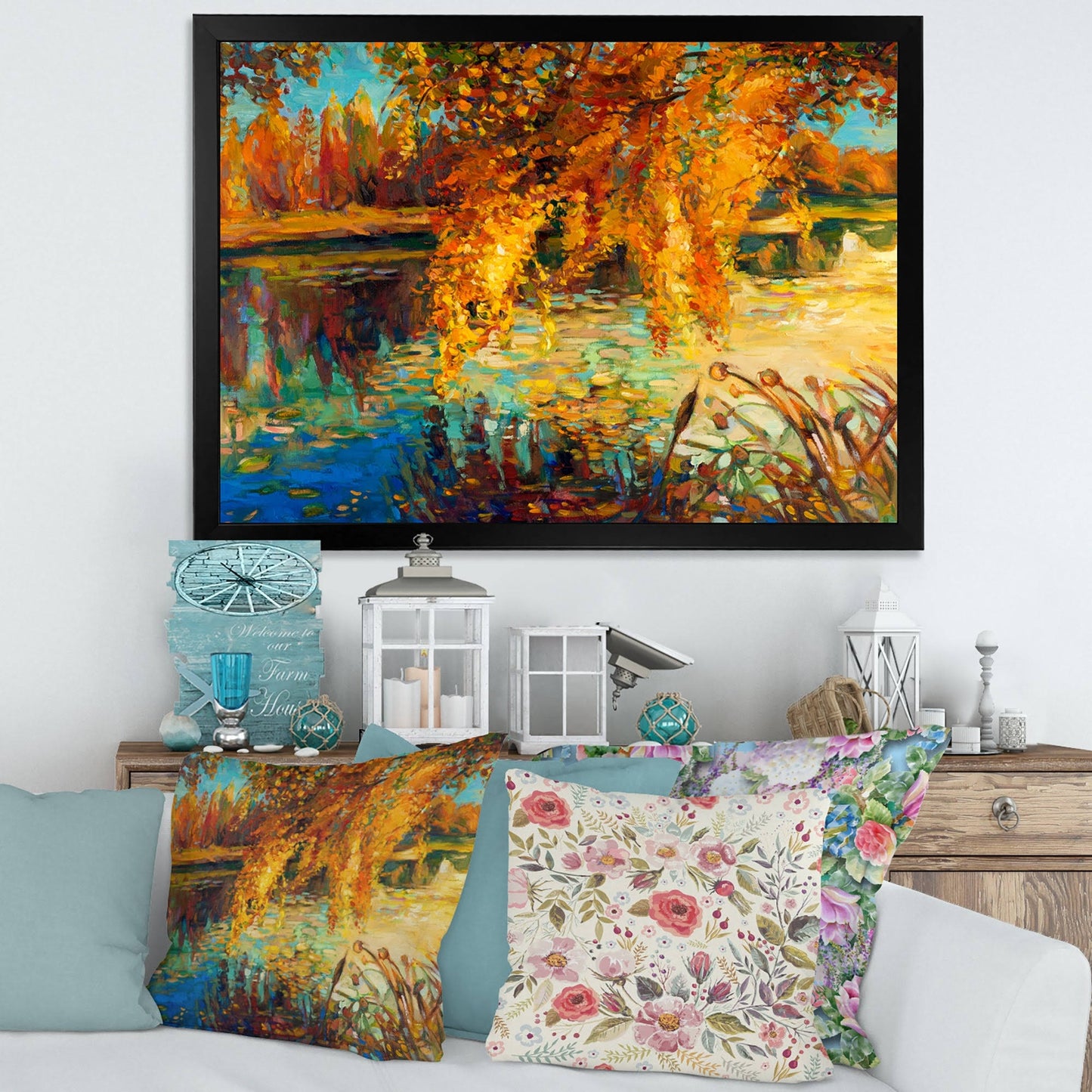 Designart Orange Autumn Forest Lake House Framed Art Print - 20 in. Wide x 12 in. High - Black KNV2_R8JMS86