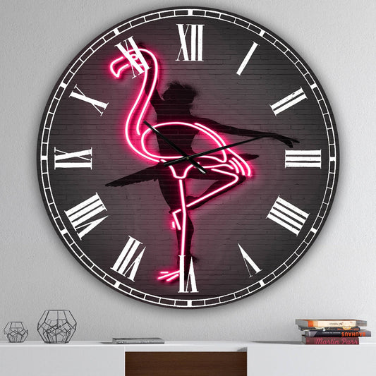 Designart &Neon Pink Flamingo and Ballerina& Large Modern Wall Clock - 38 in. Wide x 38 in. High CIX5_M8UUB11