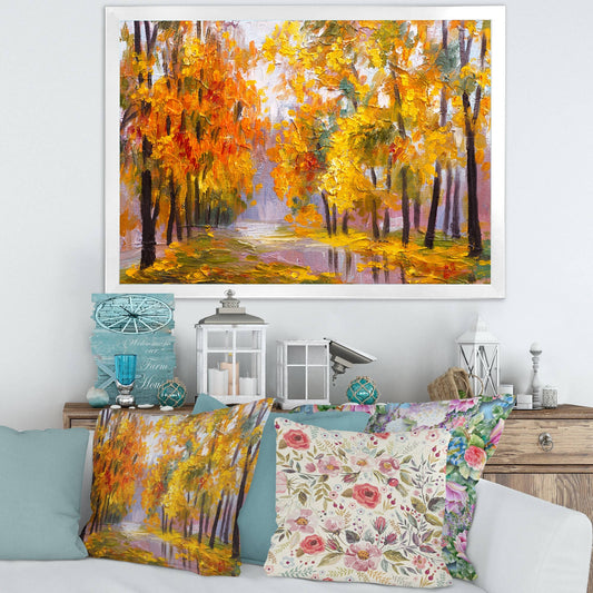 Designart Forest Full of Fallen Leaves in Autumn Lake House Framed Art Print - 32 in. Wide x 24 in. High - White VUQ4_N7WNM05