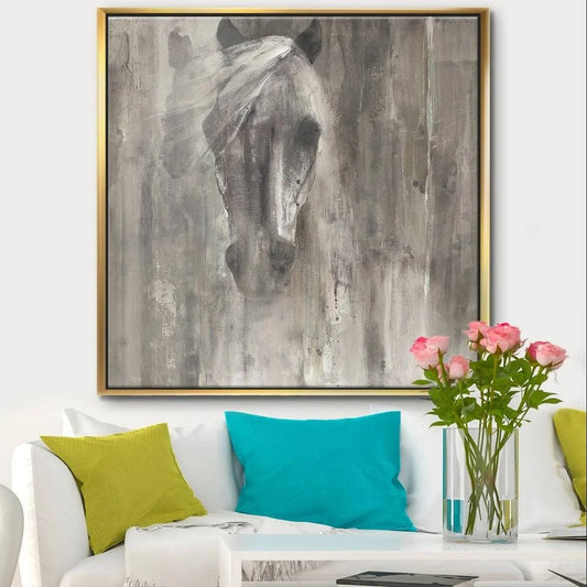 Designart &Farmhouse Horse& Modern Farmhouse Framed Canvas - Grey (46 in. Wide x 46 in. High - Gold), Gray, Design Art EYG3_Z3STB63