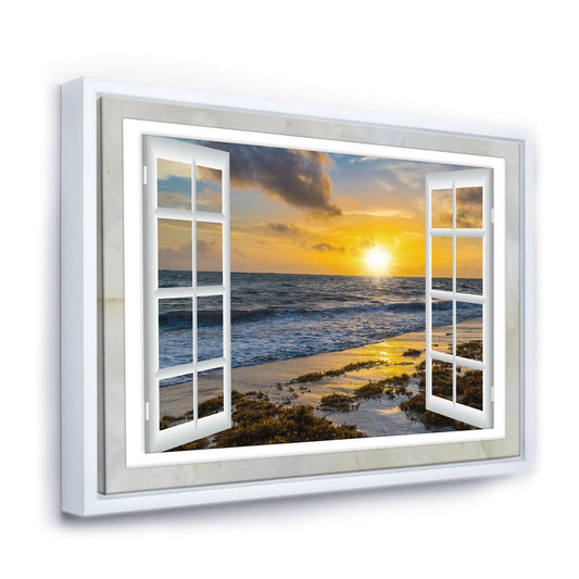 Designart &Open Window to Bright Yellow Sunset& Modern Seascape Framed Canvas Artwork Print - 20 in. Wide x 12 in. High - White YMY1_T2MXD73